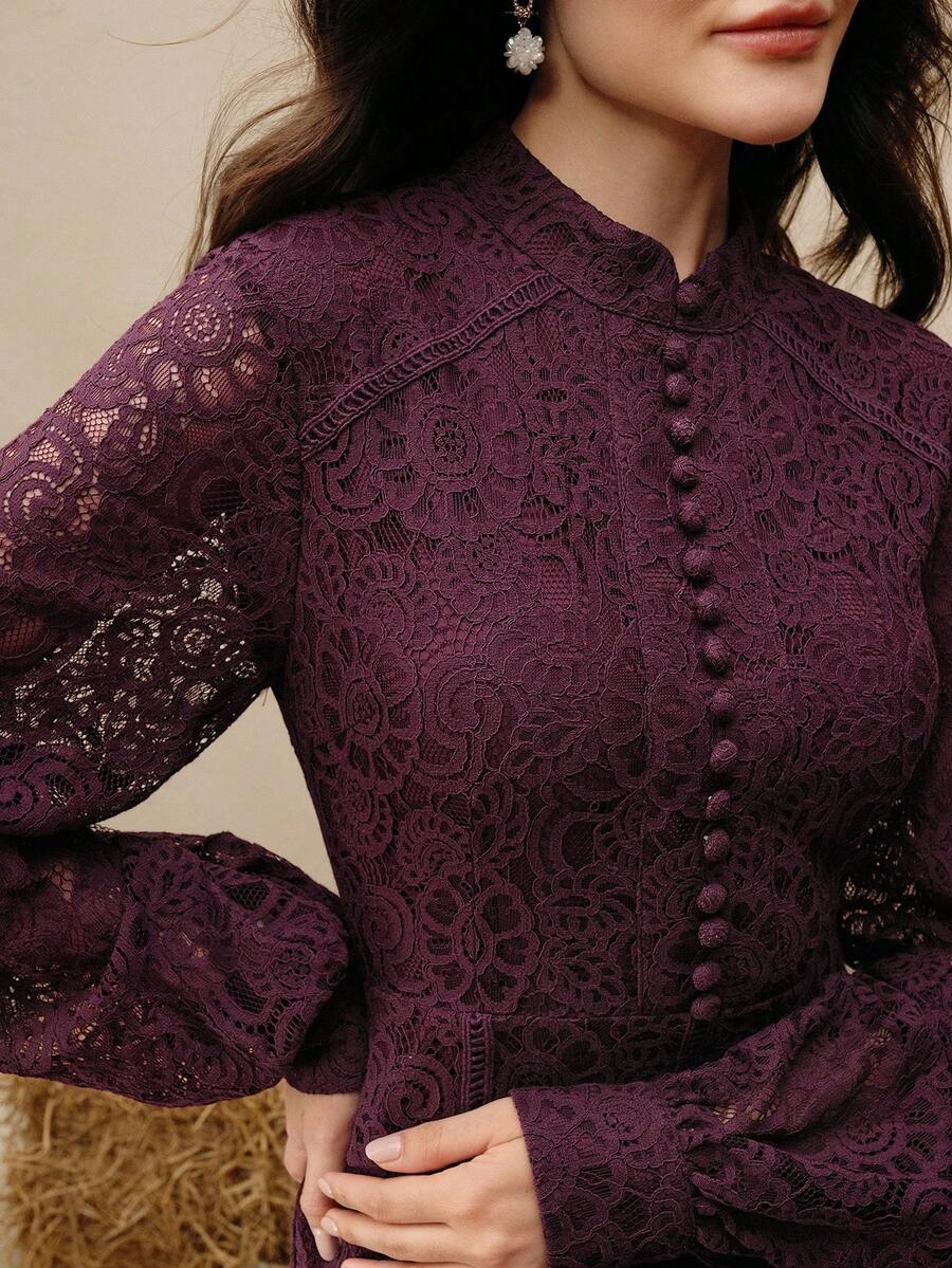 Anewsta Vestido Elegante de Manga Longa de Renda Bordô Máxi para Mulheres, Conjunto de Roupas Brancas de Primavera para Mulheres