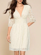 Amorya Vestido Branco Estilo A-Line Elegante Com Decote em V Bordado, Novo Estilo da Moda para Mulheres