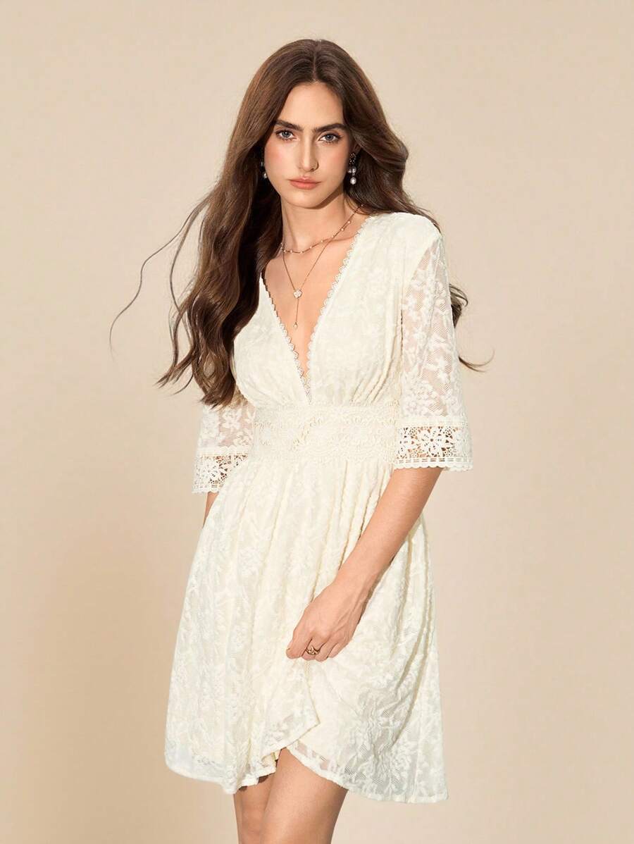 Amorya Vestido Branco Estilo A-Line Elegante Com Decote em V Bordado, Novo Estilo da Moda para Mulheres