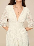 Amorya Vestido Branco Estilo A-Line Elegante Com Decote em V Bordado, Novo Estilo da Moda para Mulheres