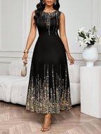 SHEIN Lady Vestido Feminino Elegante Sem Mangas de Gola Redonda com Estampa Completa