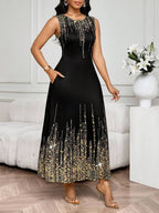 SHEIN Lady Vestido Feminino Elegante Sem Mangas de Gola Redonda com Estampa Completa