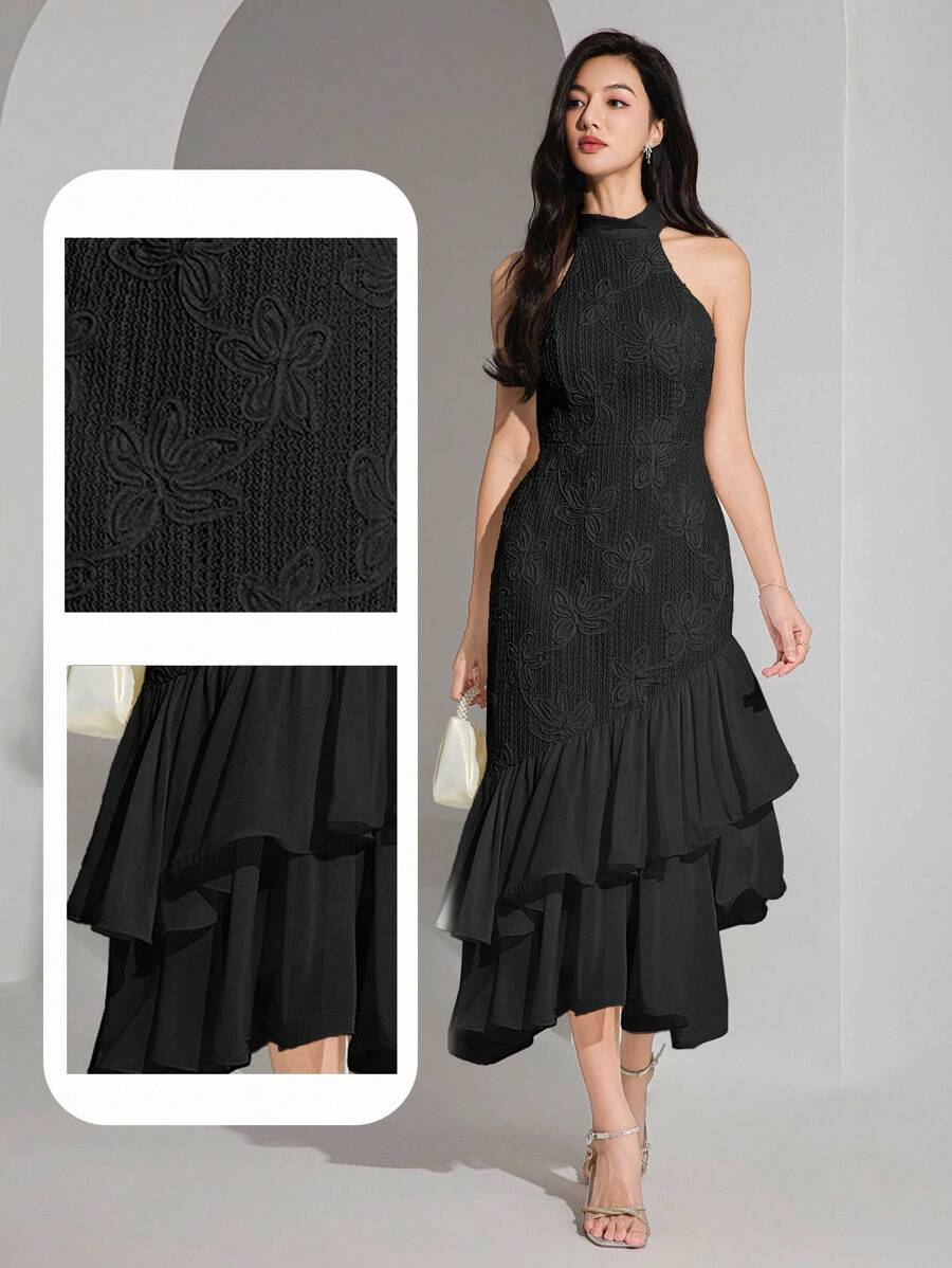 Heiryn Vestido midi elegante feminino com decote halter, bainha em babado e patch de jacquard