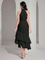 Heiryn Vestido midi elegante feminino com decote halter, bainha em babado e patch de jacquard