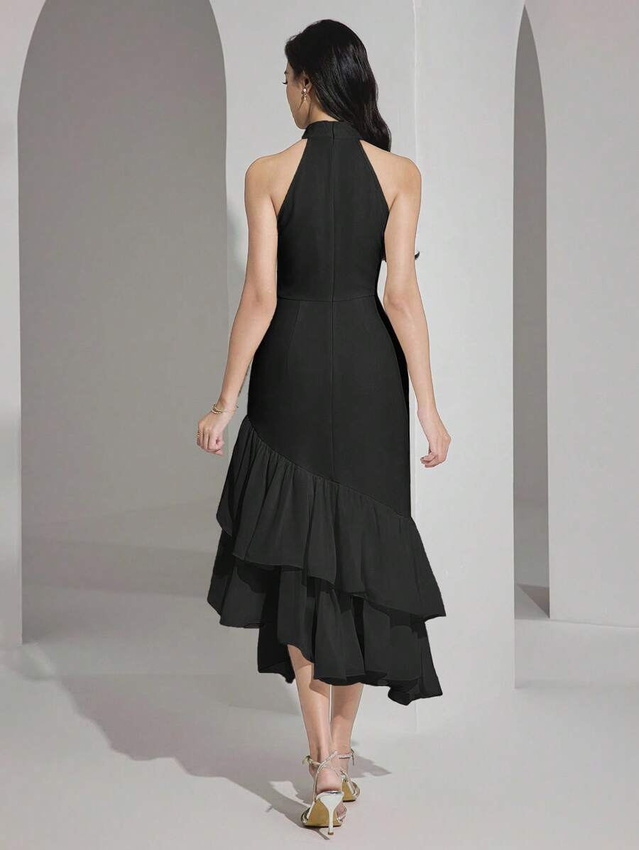 Heiryn Vestido midi elegante feminino com decote halter, bainha em babado e patch de jacquard