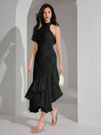 Heiryn Vestido midi elegante feminino com decote halter, bainha em babado e patch de jacquard