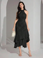 Heiryn Vestido midi elegante feminino com decote halter, bainha em babado e patch de jacquard