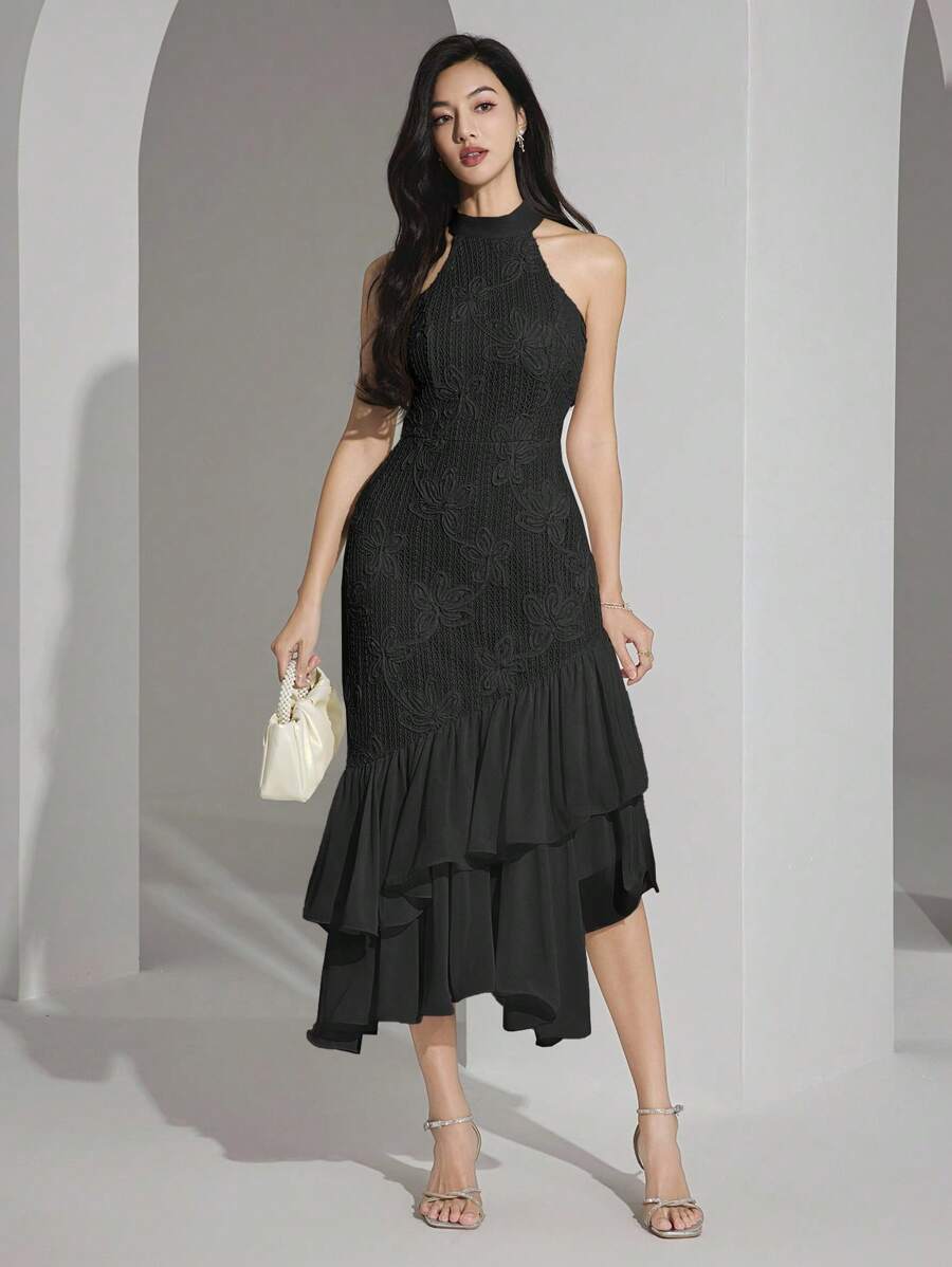 Heiryn Vestido midi elegante feminino com decote halter, bainha em babado e patch de jacquard