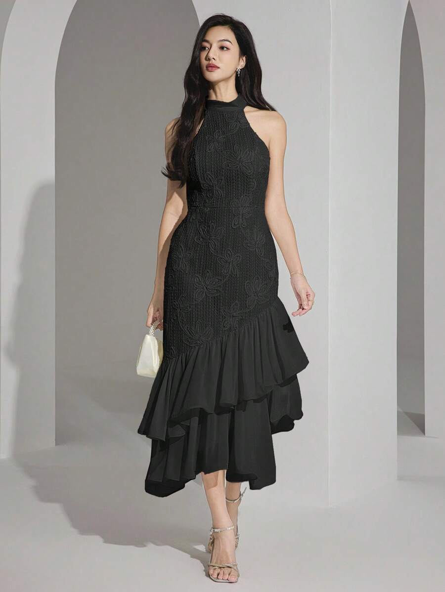 Heiryn Vestido midi elegante feminino com decote halter, bainha em babado e patch de jacquard