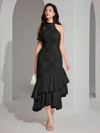 Heiryn Vestido midi elegante feminino com decote halter, bainha em babado e patch de jacquard