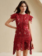 Anewsta Primavera, Férias, Festival Vestido Curto de Manga Curta com Gola Redonda, Floral, Recorte, Bordado, Renda Vazada, Elegante Verão Novidade para Mulheres