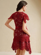 Anewsta Primavera, Férias, Festival Vestido Curto de Manga Curta com Gola Redonda, Floral, Recorte, Bordado, Renda Vazada, Elegante Verão Novidade para Mulheres