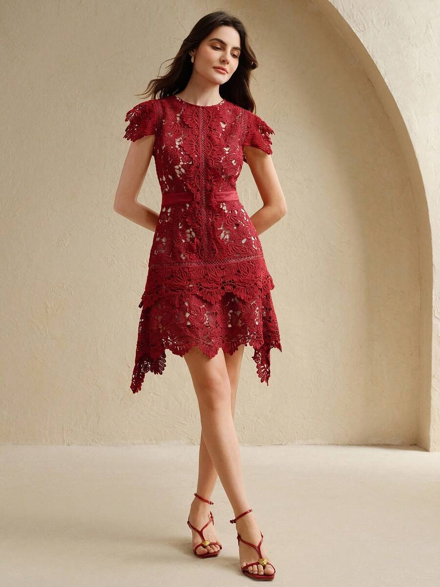 Anewsta Primavera, Férias, Festival Vestido Curto de Manga Curta com Gola Redonda, Floral, Recorte, Bordado, Renda Vazada, Elegante Verão Novidade para Mulheres