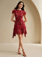 Anewsta Primavera, Férias, Festival Vestido Curto de Manga Curta com Gola Redonda, Floral, Recorte, Bordado, Renda Vazada, Elegante Verão Novidade para Mulheres