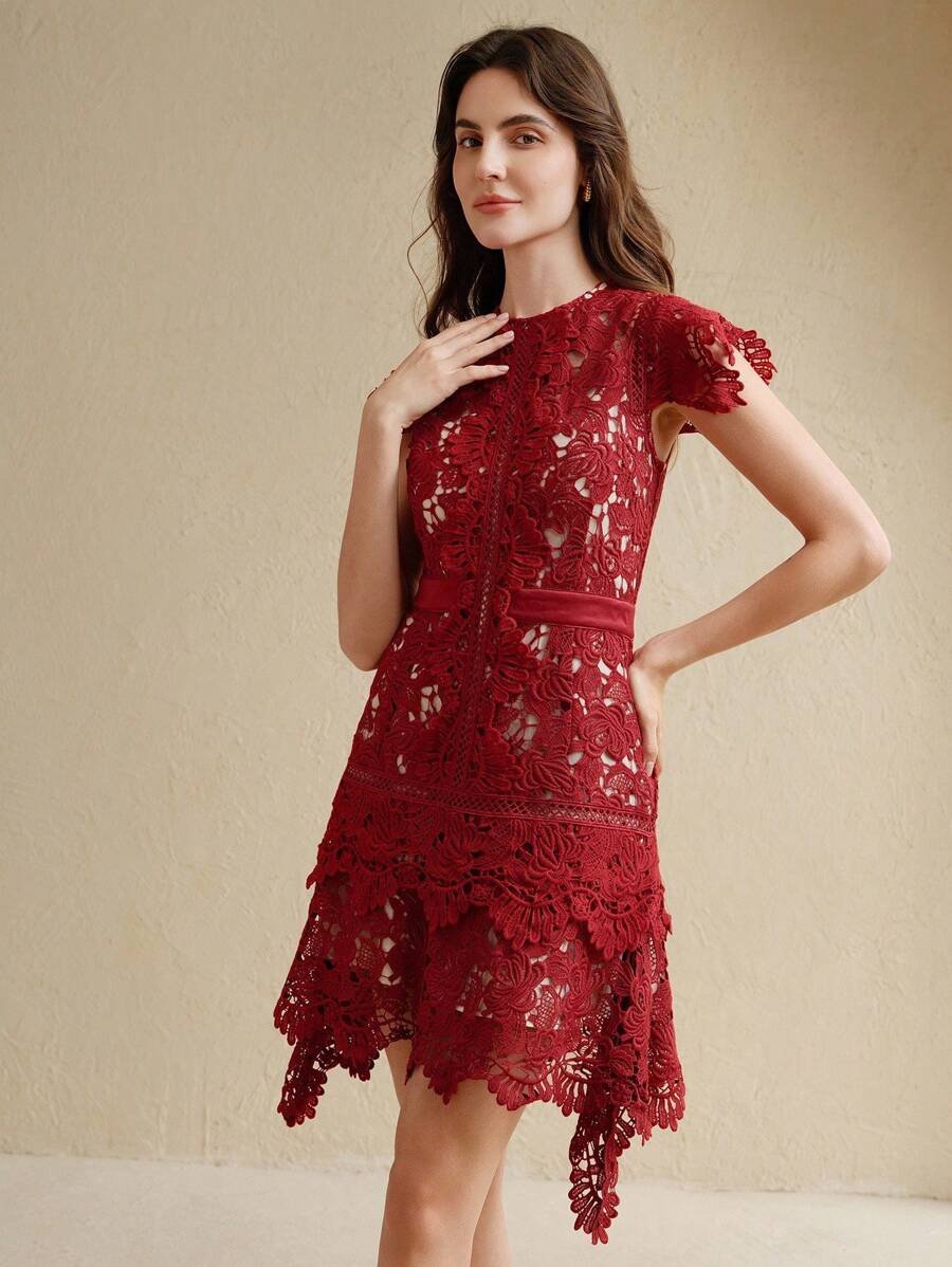 Anewsta Primavera, Férias, Festival Vestido Curto de Manga Curta com Gola Redonda, Floral, Recorte, Bordado, Renda Vazada, Elegante Verão Novidade para Mulheres