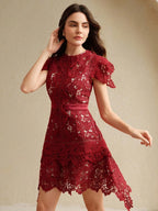 Anewsta Primavera, Férias, Festival Vestido Curto de Manga Curta com Gola Redonda, Floral, Recorte, Bordado, Renda Vazada, Elegante Verão Novidade para Mulheres