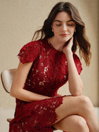 Anewsta Primavera, Férias, Festival Vestido Curto de Manga Curta com Gola Redonda, Floral, Recorte, Bordado, Renda Vazada, Elegante Verão Novidade para Mulheres