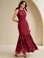 Anewsta Vestido Bodycon de Renda Floral com Decote Halter Feminino, Elegante para Verão, Festival, Férias, Viagem