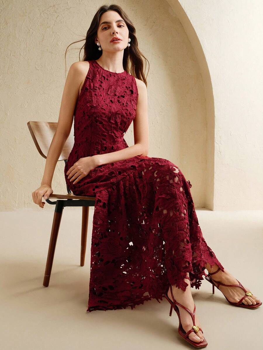 Anewsta Vestido Bodycon de Renda Floral com Decote Halter Feminino, Elegante para Verão, Festival, Férias, Viagem