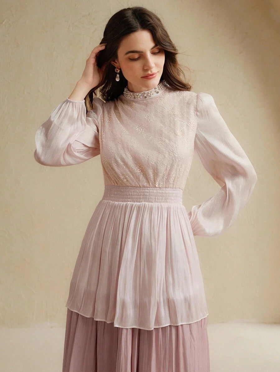 Anewsta Vestido Elegante de Manga Longa e Comprimento Médio Casual e da Moda para Mulheres