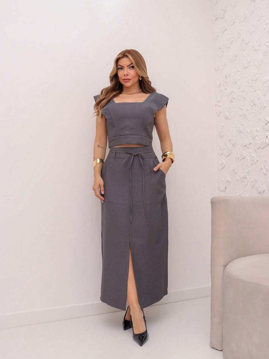 Conjunto  Cropped e Saia Alfaiataria Marrant