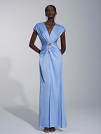 SHEIN Belle Vestido de Dama de Honra Evasê com Manga Curta Franzida, Fenda e Decote em A, na Cor Cáqui Elegante e Romântica