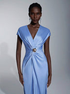 SHEIN Belle Vestido de Dama de Honra Evasê com Manga Curta Franzida, Fenda e Decote em A, na Cor Cáqui Elegante e Romântica