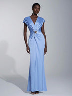 SHEIN Belle Vestido de Dama de Honra Evasê com Manga Curta Franzida, Fenda e Decote em A, na Cor Cáqui Elegante e Romântica