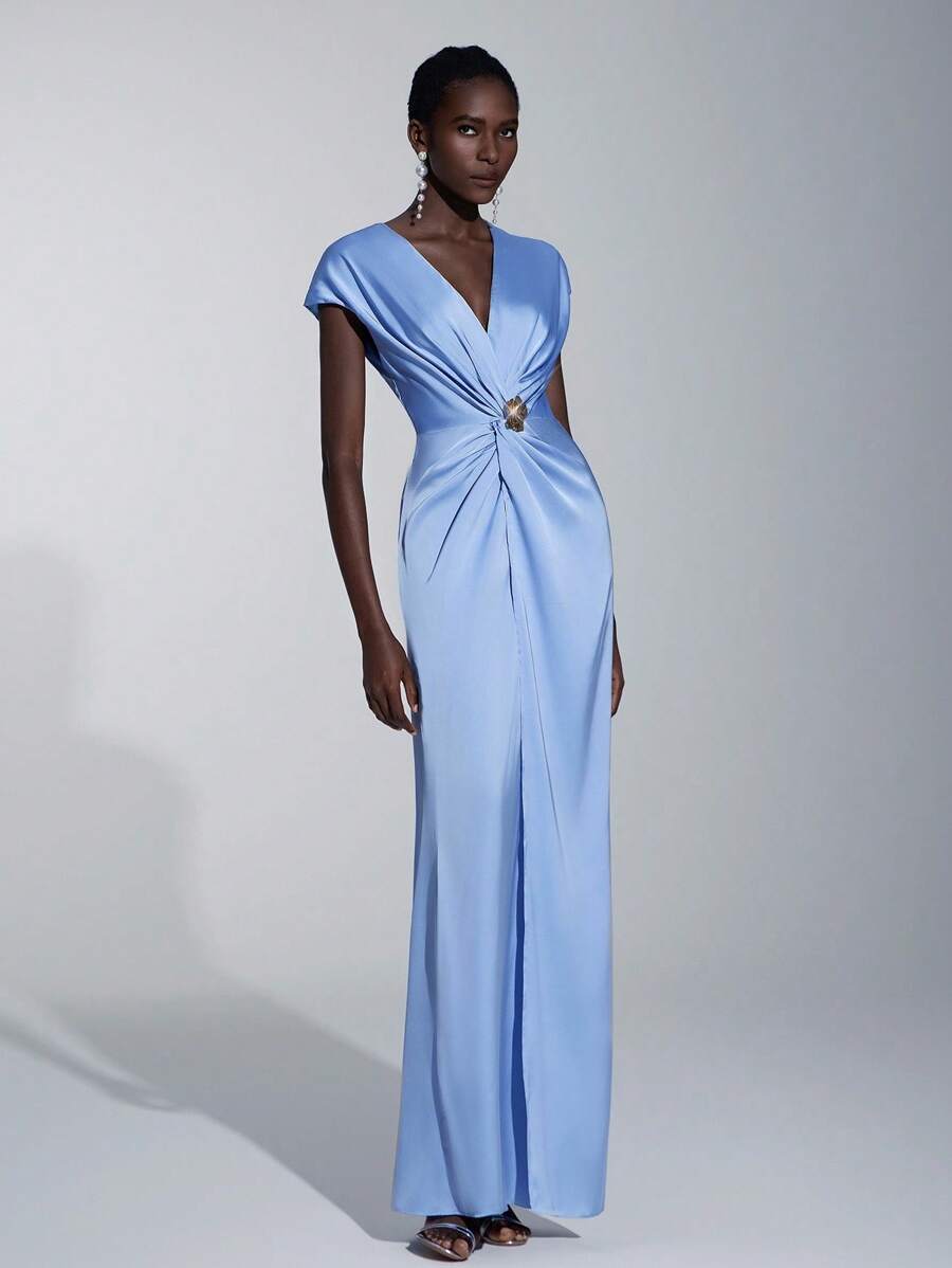 SHEIN Belle Vestido de Dama de Honra Evasê com Manga Curta Franzida, Fenda e Decote em A, na Cor Cáqui Elegante e Romântica