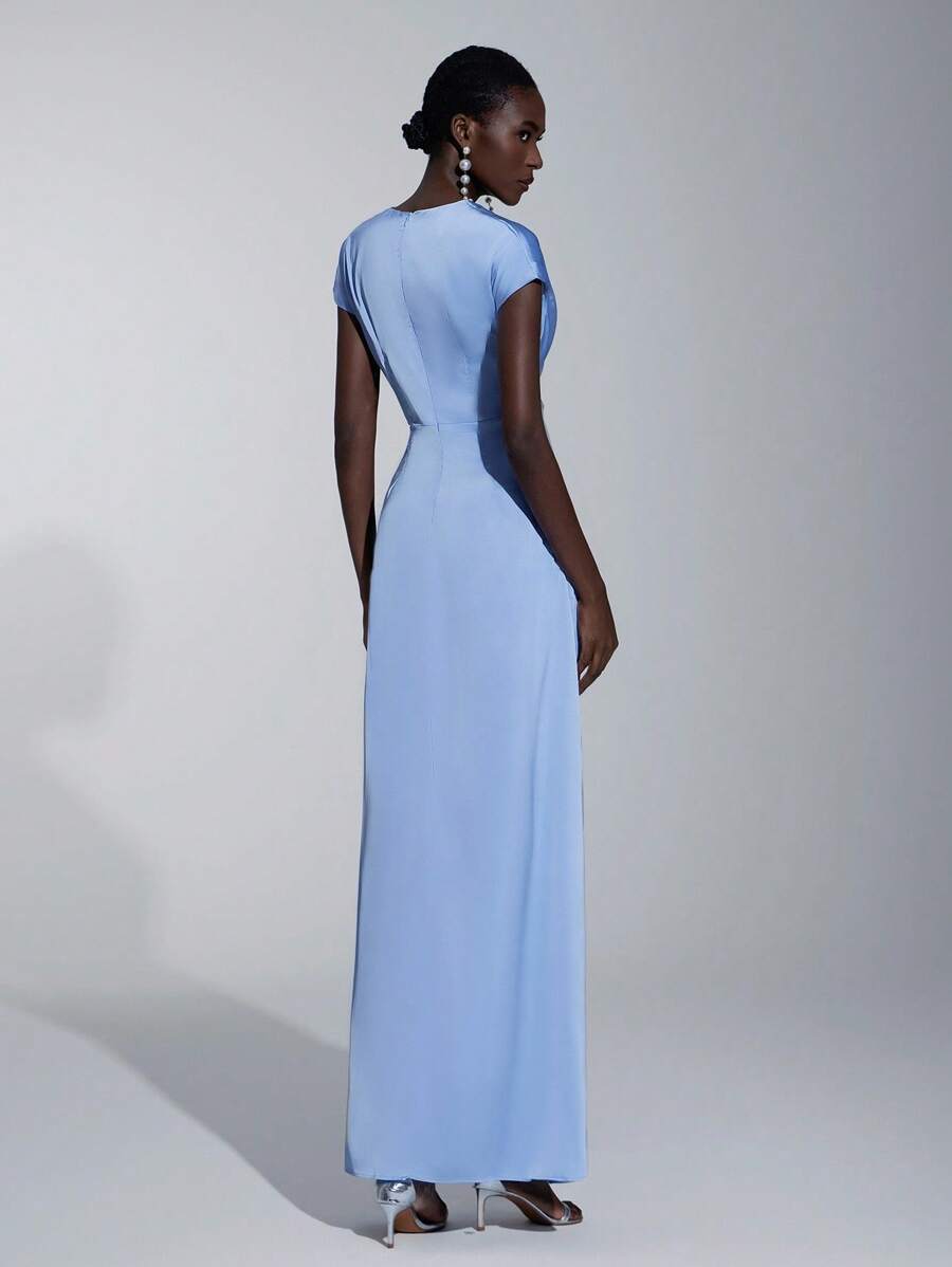 SHEIN Belle Vestido de Dama de Honra Evasê com Manga Curta Franzida, Fenda e Decote em A, na Cor Cáqui Elegante e Romântica