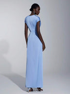 SHEIN Belle Vestido de Dama de Honra Evasê com Manga Curta Franzida, Fenda e Decote em A, na Cor Cáqui Elegante e Romântica