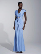 SHEIN Belle Vestido de Dama de Honra Evasê com Manga Curta Franzida, Fenda e Decote em A, na Cor Cáqui Elegante e Romântica