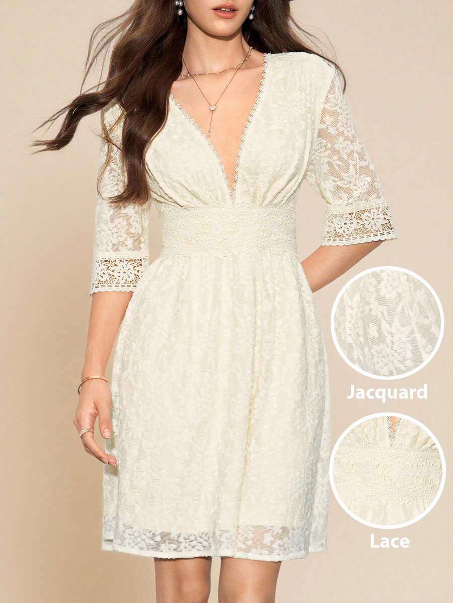 Amorya Vestido Branco Estilo A-Line Elegante Com Decote em V Bordado, Novo Estilo da Moda para Mulheres