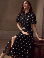 MOTF PREMIUM Vestido com Ajuste de Cintura, Colarinho Estampado, Mangas Bufantes, Bordado Floral, Comprimento Até a Altura da Panturrilha