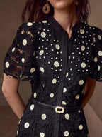 MOTF PREMIUM Vestido com Ajuste de Cintura, Colarinho Estampado, Mangas Bufantes, Bordado Floral, Comprimento Até a Altura da Panturrilha