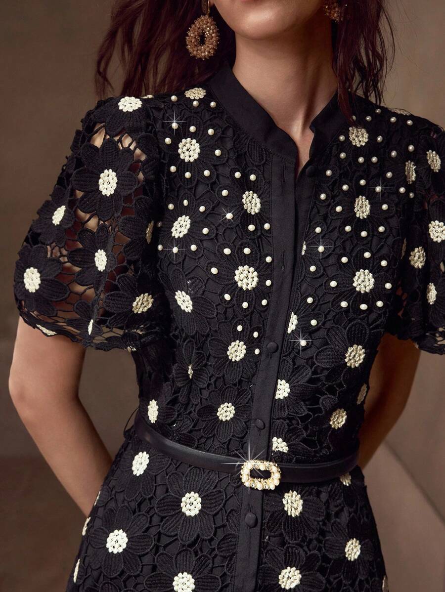 MOTF PREMIUM Vestido com Ajuste de Cintura, Colarinho Estampado, Mangas Bufantes, Bordado Floral, Comprimento Até a Altura da Panturrilha
