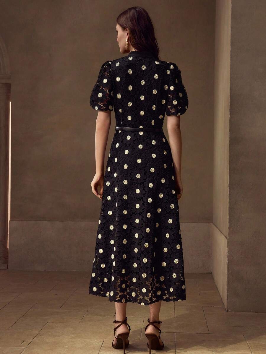 MOTF PREMIUM Vestido com Ajuste de Cintura, Colarinho Estampado, Mangas Bufantes, Bordado Floral, Comprimento Até a Altura da Panturrilha