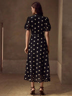 MOTF PREMIUM Vestido com Ajuste de Cintura, Colarinho Estampado, Mangas Bufantes, Bordado Floral, Comprimento Até a Altura da Panturrilha