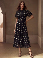 MOTF PREMIUM Vestido com Ajuste de Cintura, Colarinho Estampado, Mangas Bufantes, Bordado Floral, Comprimento Até a Altura da Panturrilha