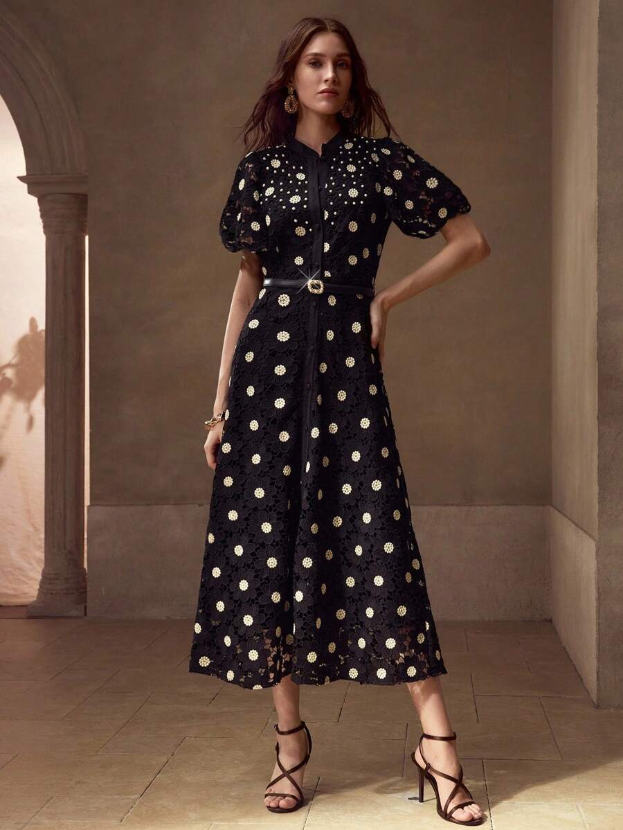 MOTF PREMIUM Vestido com Ajuste de Cintura, Colarinho Estampado, Mangas Bufantes, Bordado Floral, Comprimento Até a Altura da Panturrilha