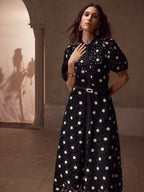 MOTF PREMIUM Vestido com Ajuste de Cintura, Colarinho Estampado, Mangas Bufantes, Bordado Floral, Comprimento Até a Altura da Panturrilha
