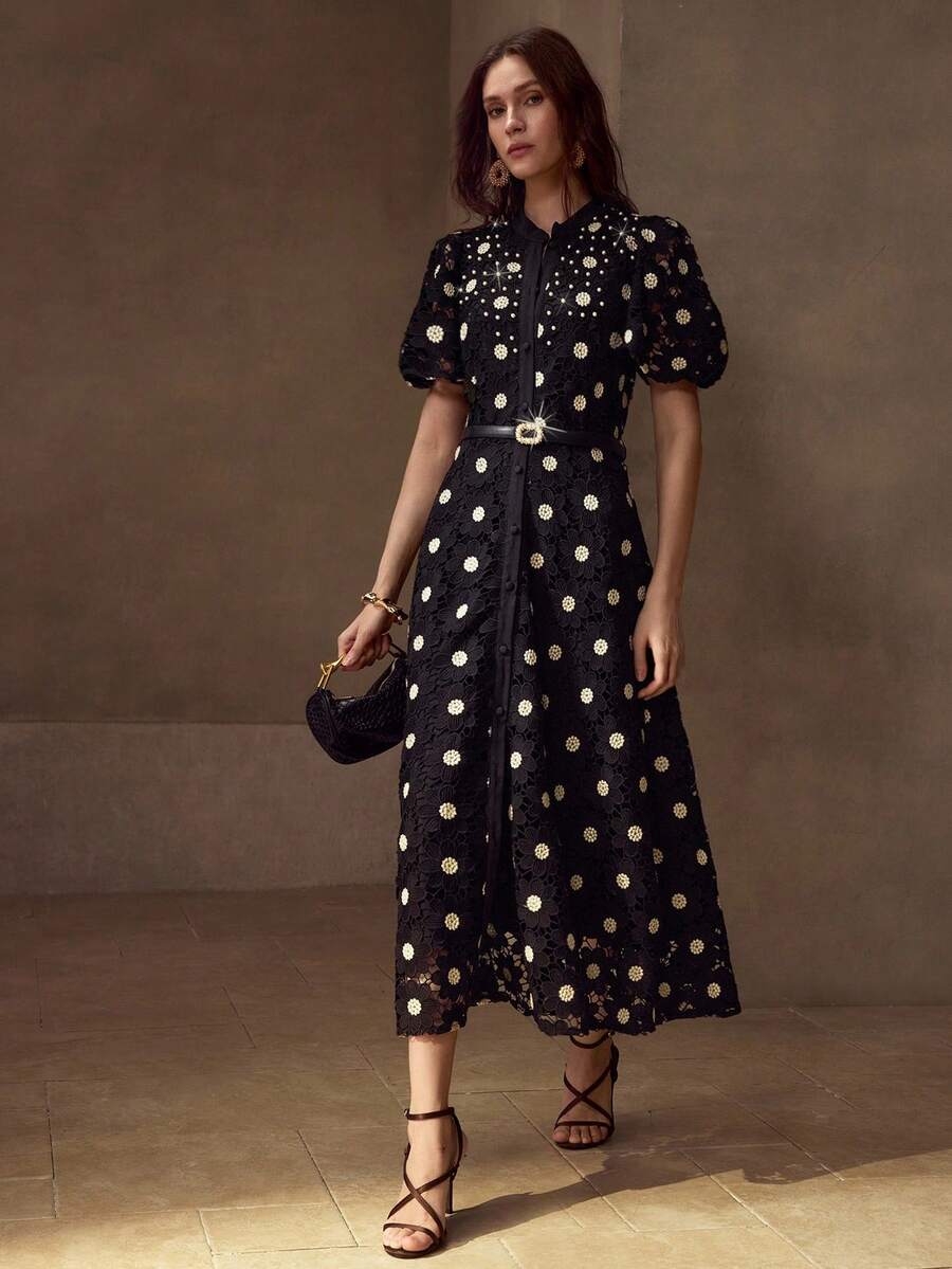 MOTF PREMIUM Vestido com Ajuste de Cintura, Colarinho Estampado, Mangas Bufantes, Bordado Floral, Comprimento Até a Altura da Panturrilha
