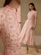 MOTF PREMIUM Vestido com Ajuste de Cintura, Colarinho Estampado, Mangas Bufantes, Bordado Floral, Comprimento Até a Altura da Panturrilha