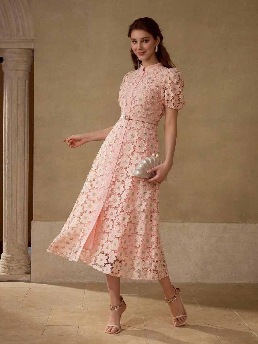 MOTF PREMIUM Vestido com Ajuste de Cintura, Colarinho Estampado, Mangas Bufantes, Bordado Floral, Comprimento Até a Altura da Panturrilha
