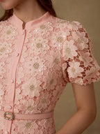 MOTF PREMIUM Vestido com Ajuste de Cintura, Colarinho Estampado, Mangas Bufantes, Bordado Floral, Comprimento Até a Altura da Panturrilha