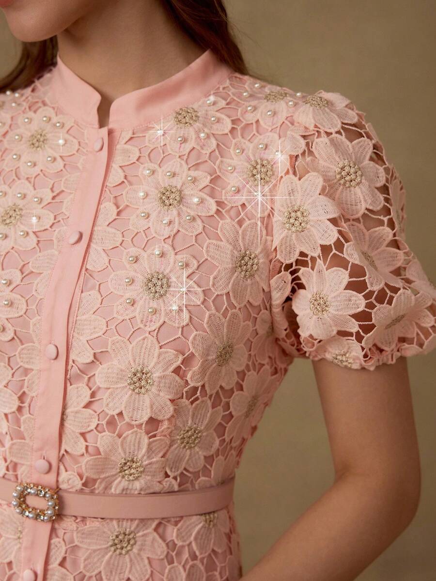 MOTF PREMIUM Vestido com Ajuste de Cintura, Colarinho Estampado, Mangas Bufantes, Bordado Floral, Comprimento Até a Altura da Panturrilha