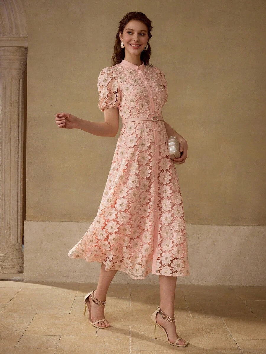 MOTF PREMIUM Vestido com Ajuste de Cintura, Colarinho Estampado, Mangas Bufantes, Bordado Floral, Comprimento Até a Altura da Panturrilha