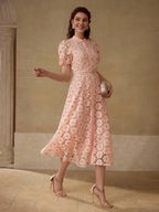 MOTF PREMIUM Vestido com Ajuste de Cintura, Colarinho Estampado, Mangas Bufantes, Bordado Floral, Comprimento Até a Altura da Panturrilha