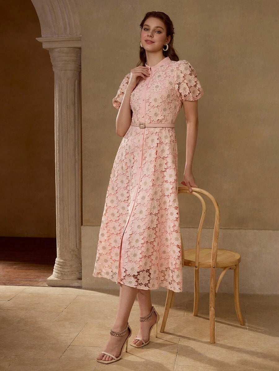 MOTF PREMIUM Vestido com Ajuste de Cintura, Colarinho Estampado, Mangas Bufantes, Bordado Floral, Comprimento Até a Altura da Panturrilha