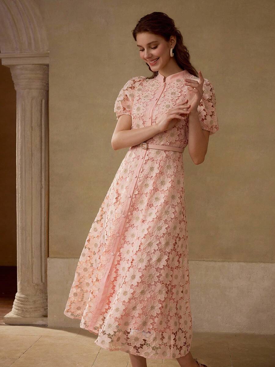 MOTF PREMIUM Vestido com Ajuste de Cintura, Colarinho Estampado, Mangas Bufantes, Bordado Floral, Comprimento Até a Altura da Panturrilha